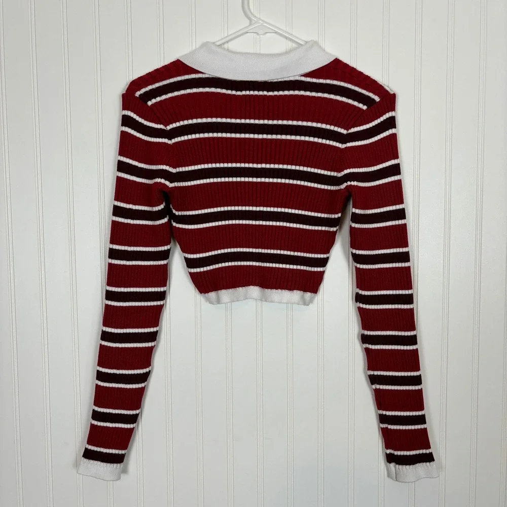 Edikted Striped Crop Top Womens S Red Ribbed Polo Y2K Retro Preppy Academia - Picture 5 of 12